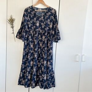 Navy Blue Floral Tier Midi Dress • Sz S
